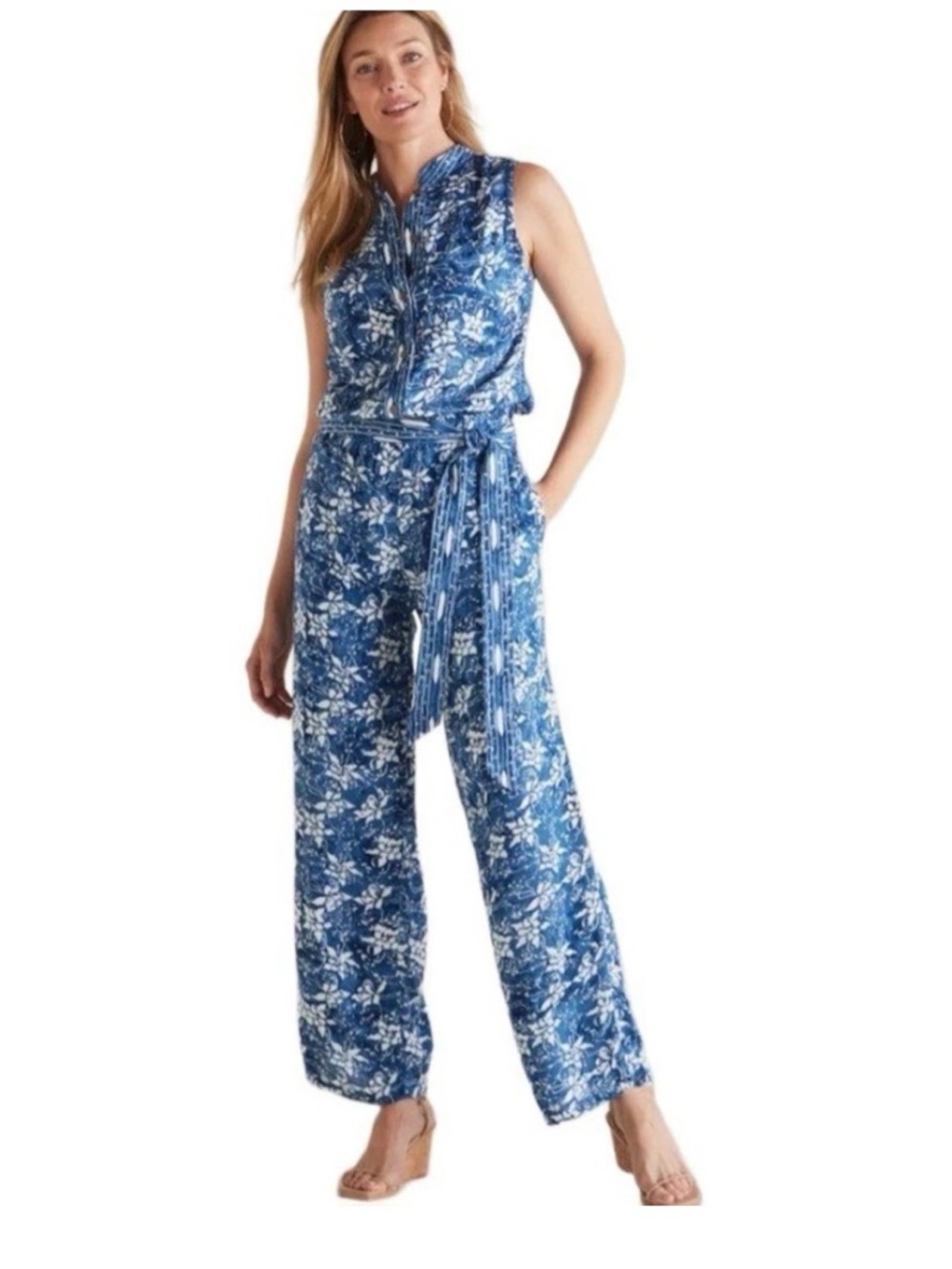 Soft Surroundings Nahla Blue Floral Batik Jumpsuit Size L